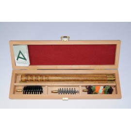Shotgun cleaning kit with three-piece wooden cleaning rod.